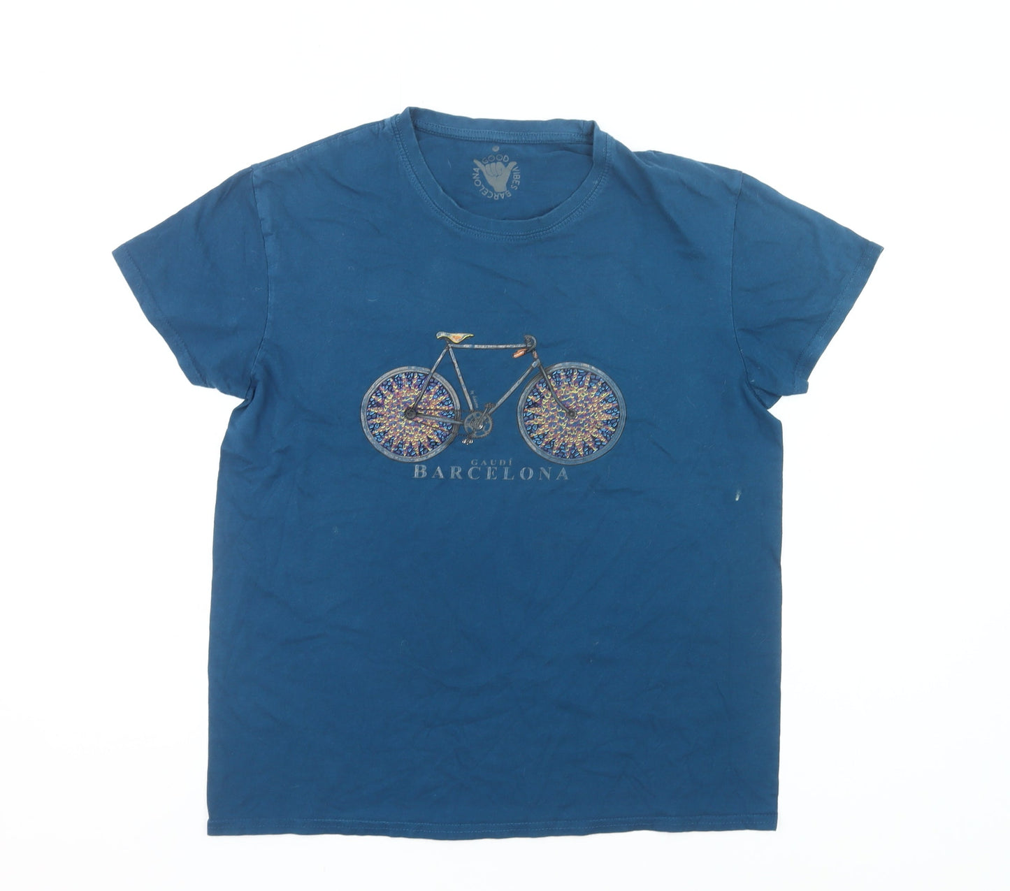 Good Vibes Barcelona Womens Blue Cotton T-Shirt Size M Casual