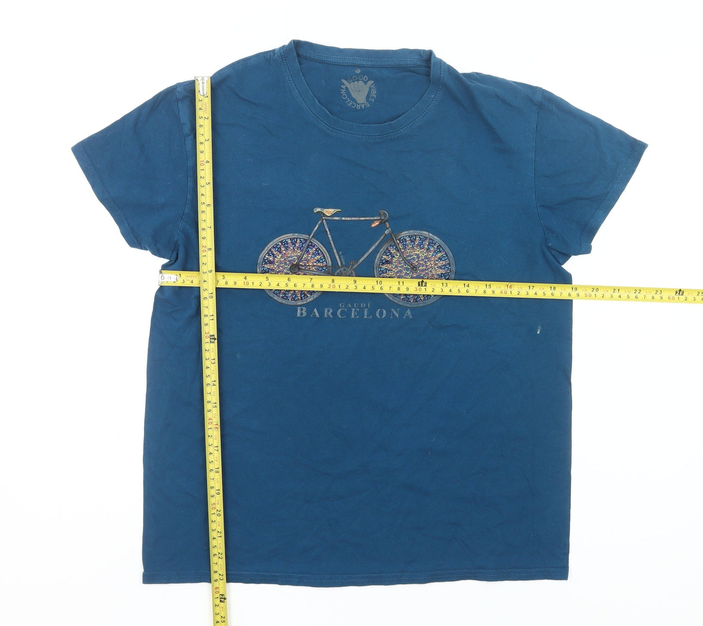 Good Vibes Barcelona Womens Blue Cotton T-Shirt Size M Casual