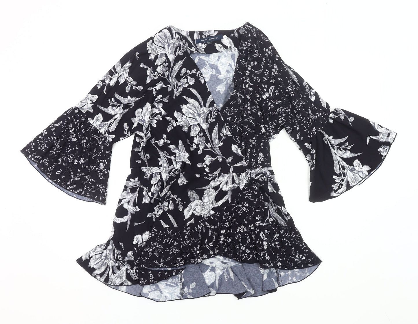 French Connection Womens Black Floral Wrap Blouse UK 10 Bell Sleeve