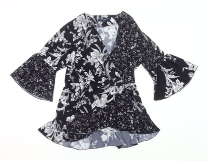 French Connection Womens Black Floral Wrap Blouse UK 10 Bell Sleeve