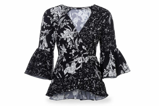 French Connection Womens Black Floral Wrap Blouse UK 10 Bell Sleeve