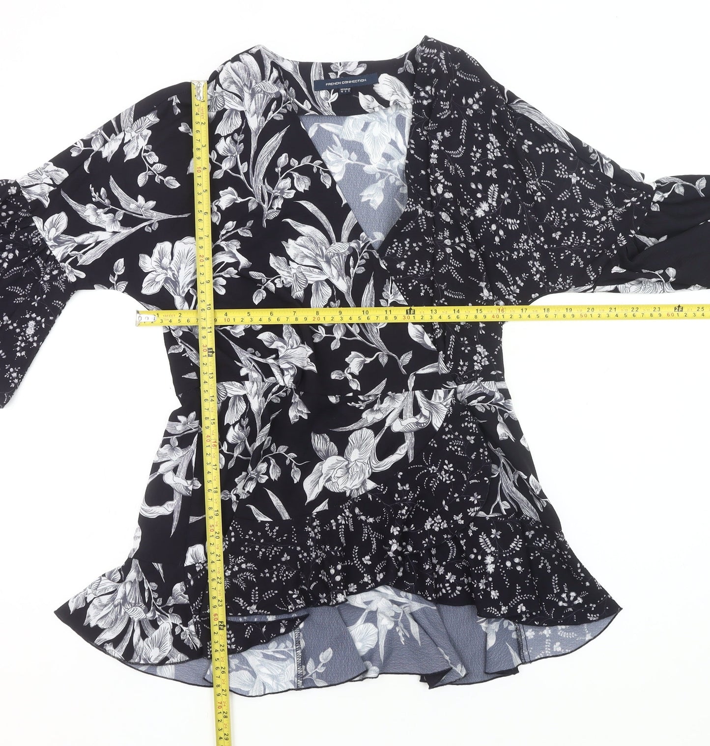 French Connection Womens Black Floral Wrap Blouse UK 10 Bell Sleeve