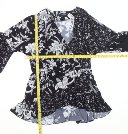 French Connection Womens Black Floral Wrap Blouse UK 10 Bell Sleeve