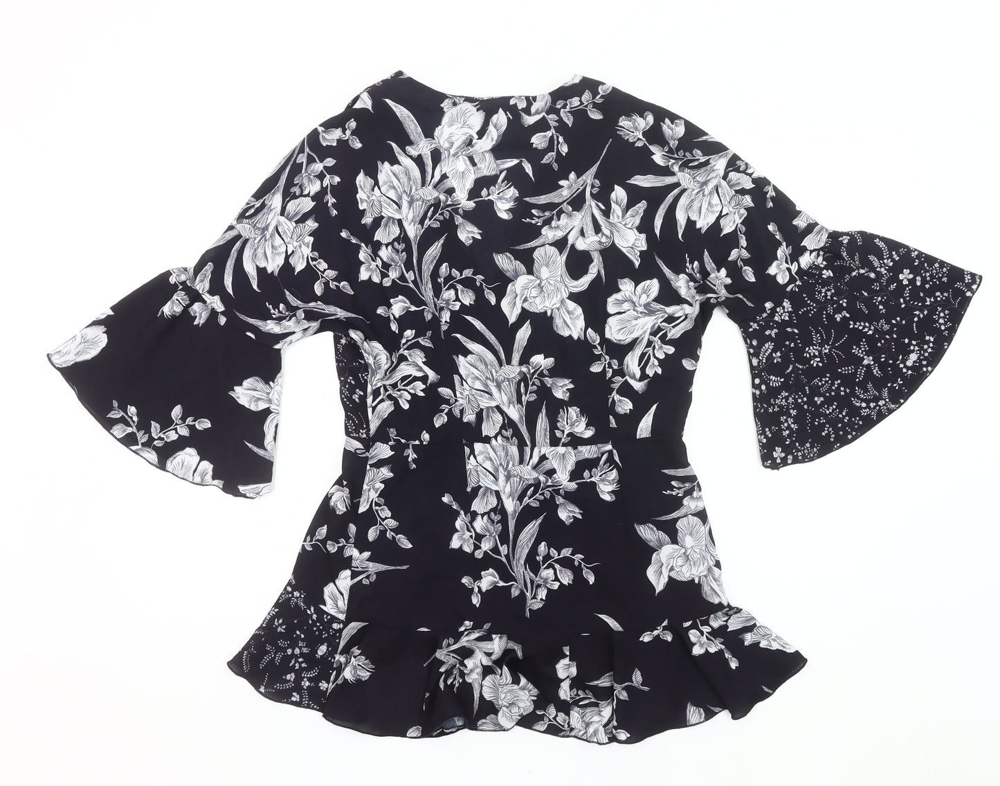 French Connection Womens Black Floral Wrap Blouse UK 10 Bell Sleeve