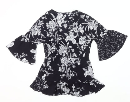 French Connection Womens Black Floral Wrap Blouse UK 10 Bell Sleeve
