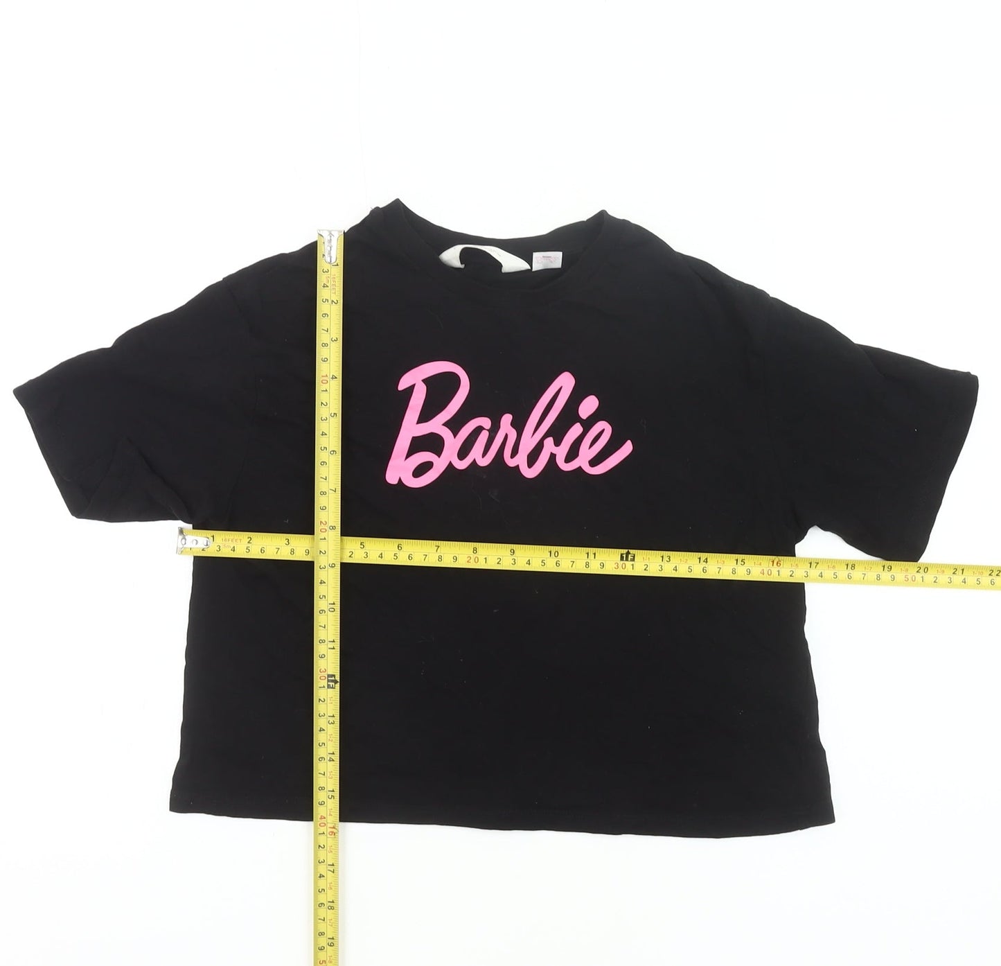 H&M Girls Black Barbie Cropped T-Shirt 11-12Y Cotton Casual Summer