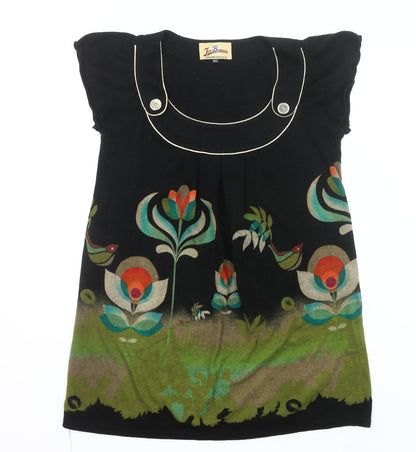 Joe Browns Womens Black Floral Tunic Top M Short Sleeve Scoop Neck