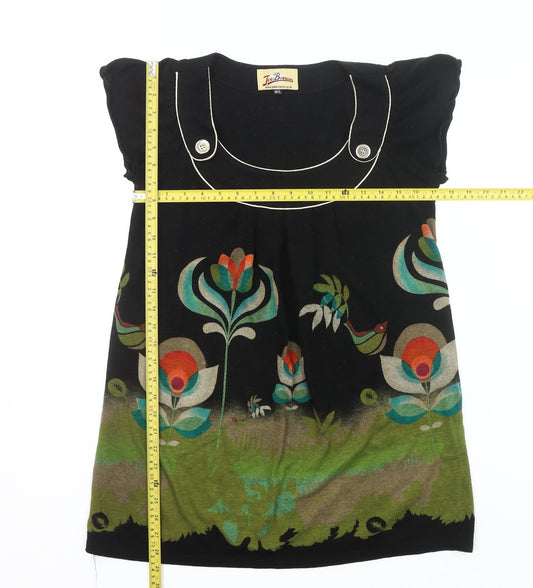 Joe Browns Womens Black Floral Tunic Top M Short Sleeve Scoop Neck