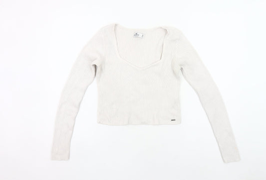 Hollister Womens Ivory V-Neck Rib Knit Pullover Jumper Size M