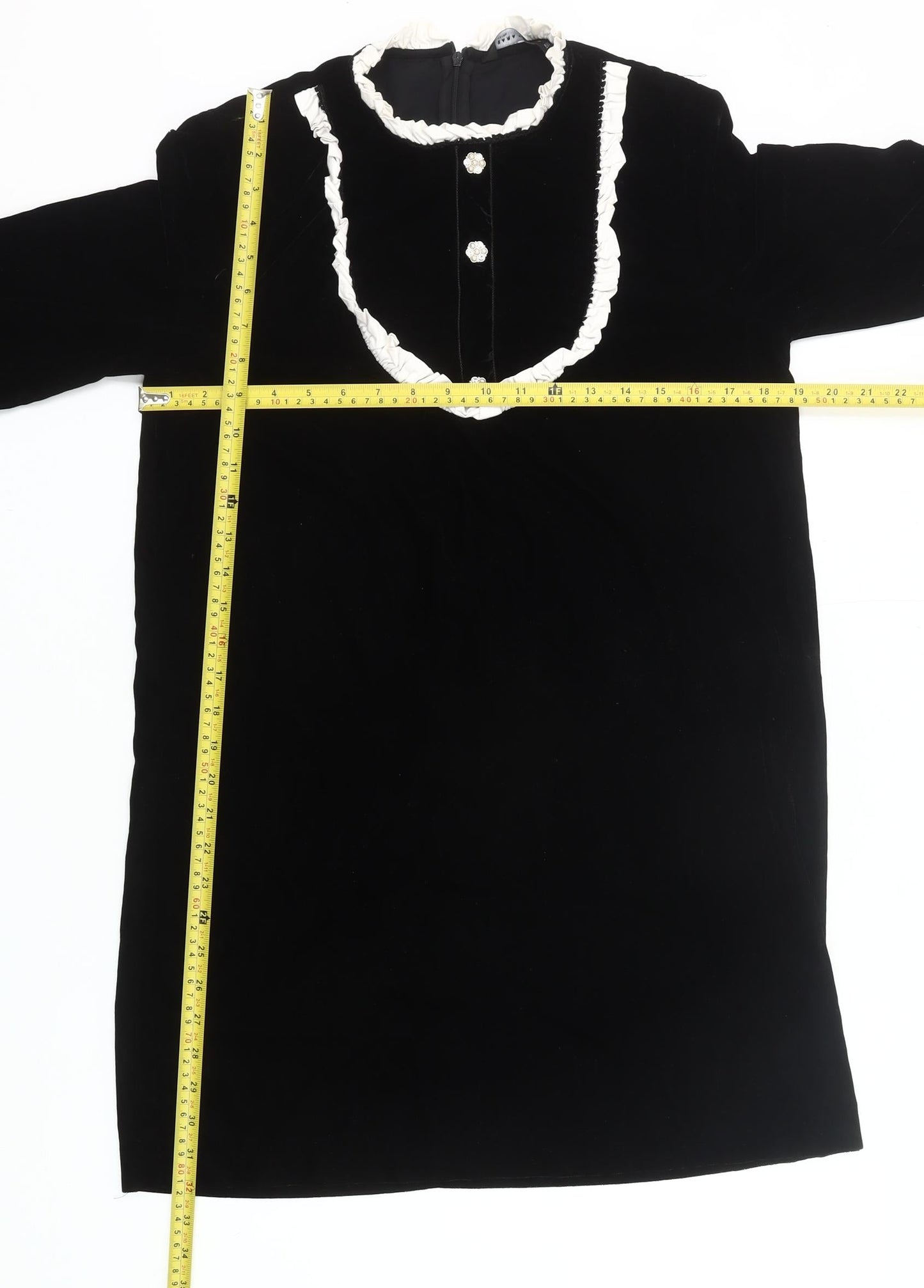 Zara Women Black Velvet Shift Dress Size 12 Ruffle Long Sleeve