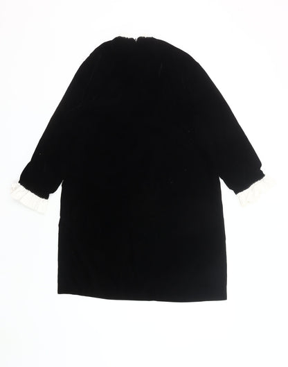 Zara Women Black Velvet Shift Dress Size 12 Ruffle Long Sleeve