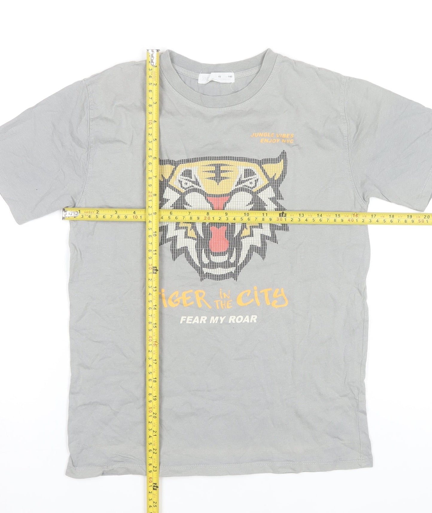 Zara Boys Grey Tiger Graphic T-Shirt 10 Years Short Sleeve Cotton