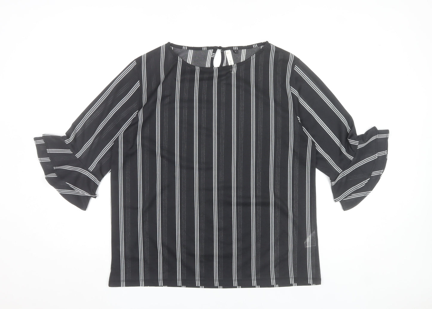 Af-Ideal Women’s Black Striped Blouse L 3/4 Flared Sleeve Tunic Top