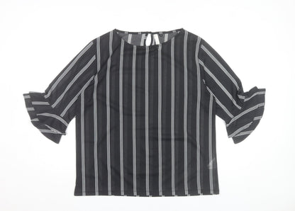Af-Ideal Women’s Black Striped Blouse L 3/4 Flared Sleeve Tunic Top