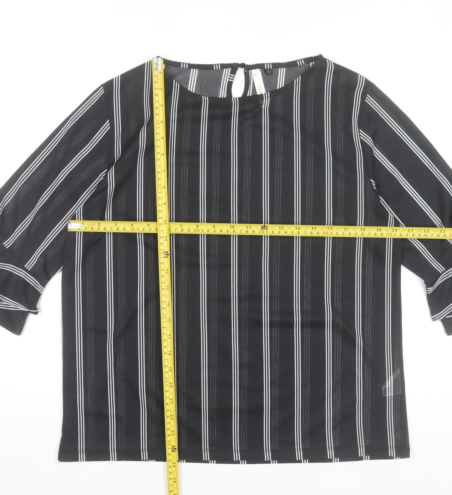 Af-Ideal Women’s Black Striped Blouse L 3/4 Flared Sleeve Tunic Top