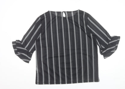 Af-Ideal Women’s Black Striped Blouse L 3/4 Flared Sleeve Tunic Top