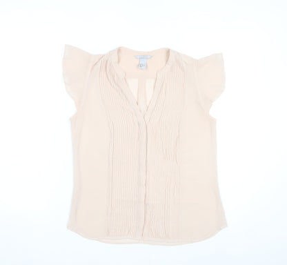 H&M Women’s Beige Pleated V-Neck Tunic Blouse Size 8 Flutter Sleeve