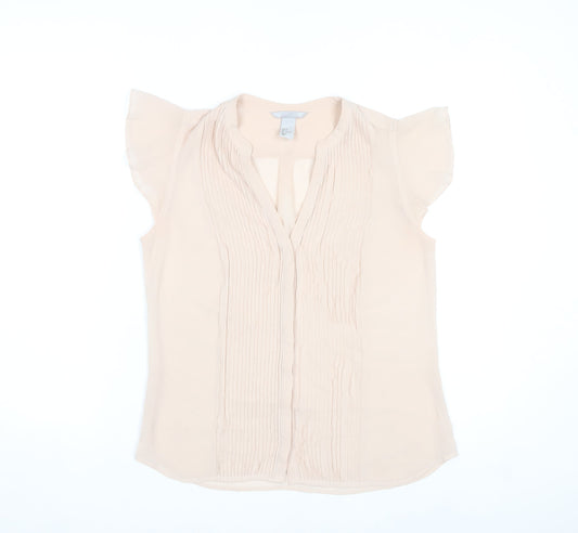 H&M Women’s Beige Pleated V-Neck Tunic Blouse Size 8 Flutter Sleeve