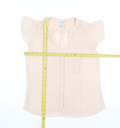 H&M Women’s Beige Pleated V-Neck Tunic Blouse Size 8 Flutter Sleeve