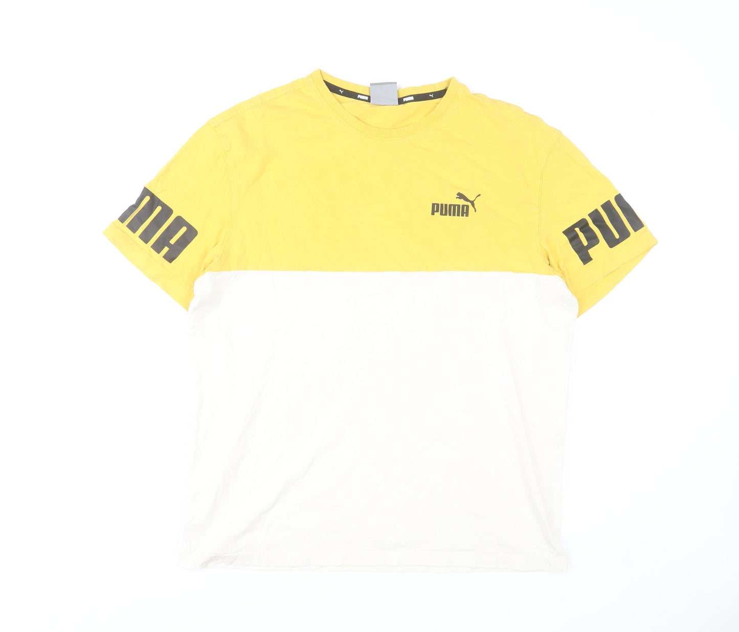 Puma Men Yellow White Colourblock Logo T-Shirt Size M