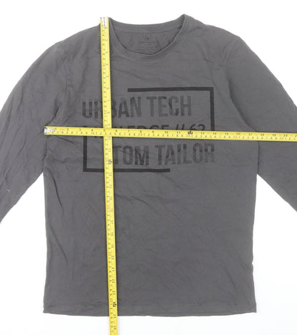 Tom Tailor Men Grey Small Long Sleeve Cotton Graphic T-Shirt