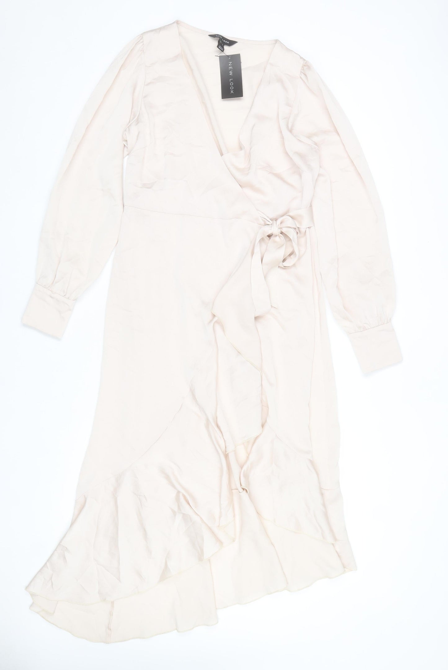 New Look Women Beige Wrap Midi Dress Size 10 Long Sleeve Ruffle