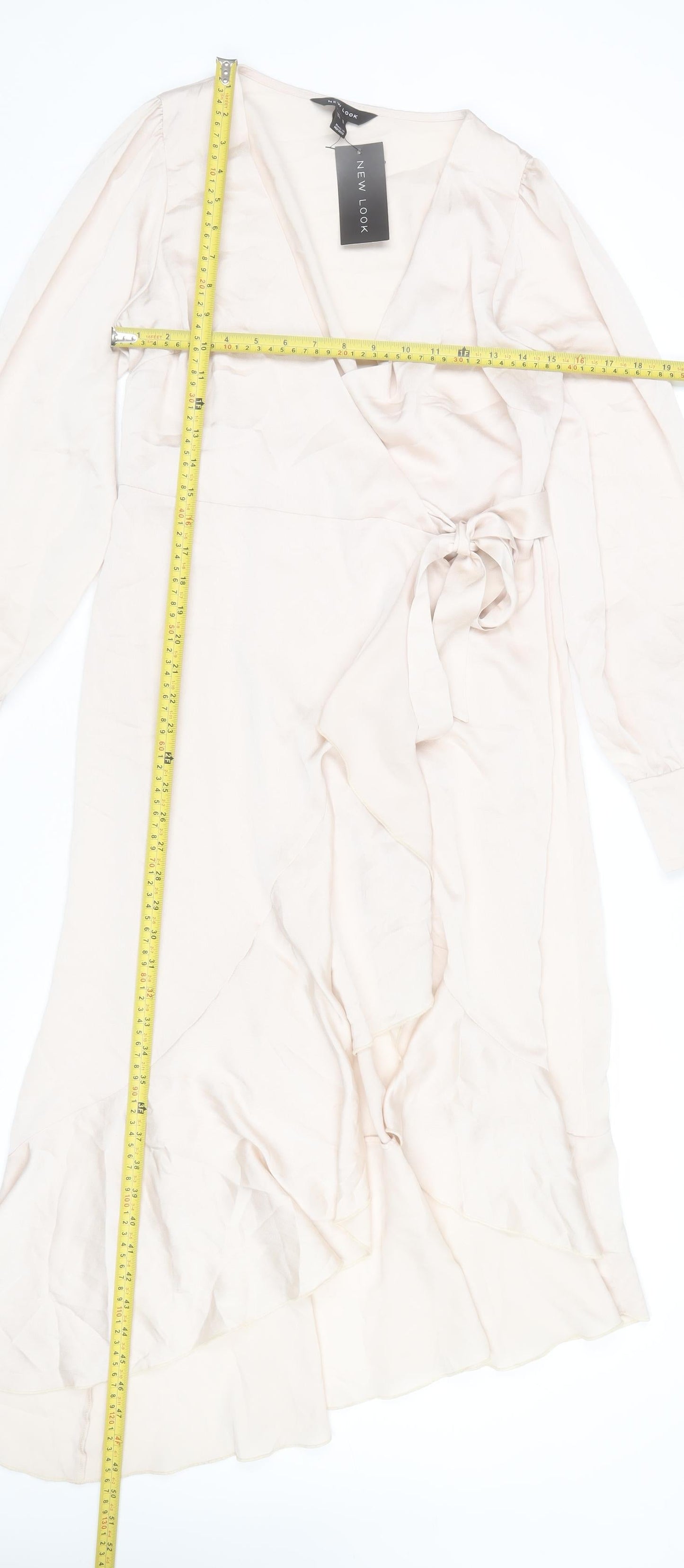 New Look Women Beige Wrap Midi Dress Size 10 Long Sleeve Ruffle