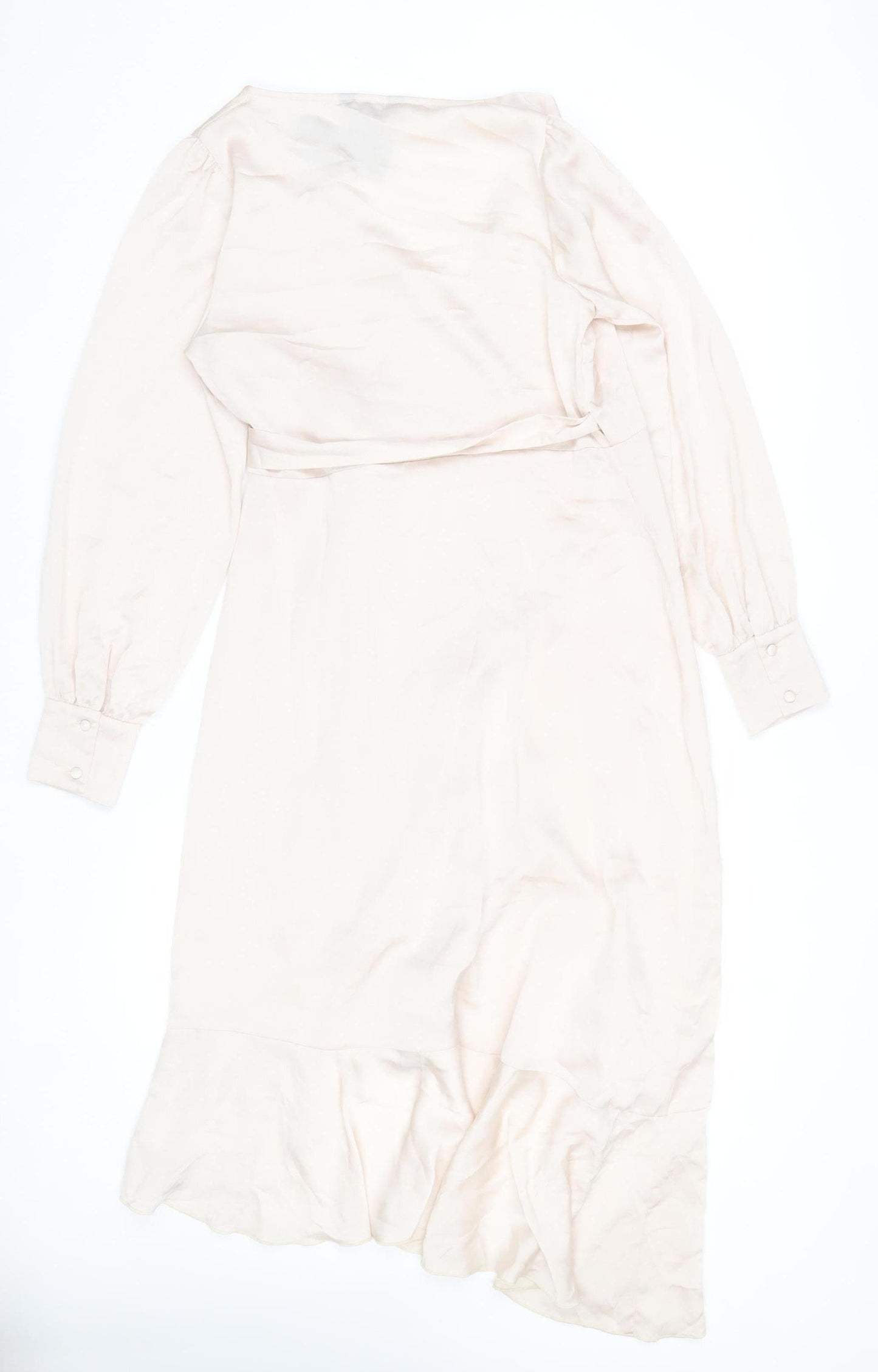 New Look Women Beige Wrap Midi Dress Size 10 Long Sleeve Ruffle