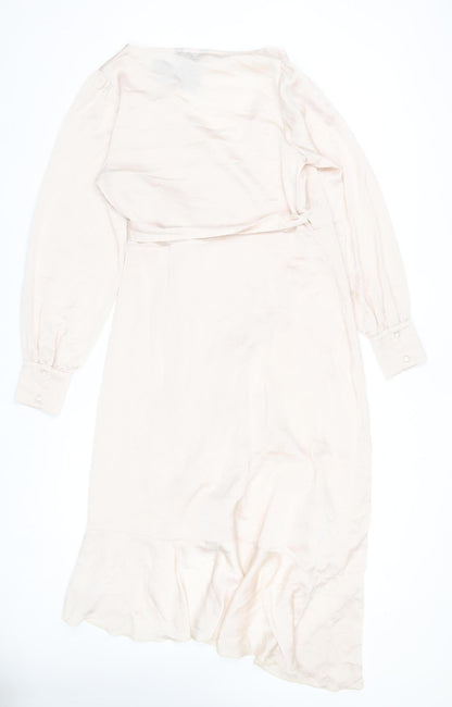 New Look Women Beige Wrap Midi Dress Size 10 Long Sleeve Ruffle