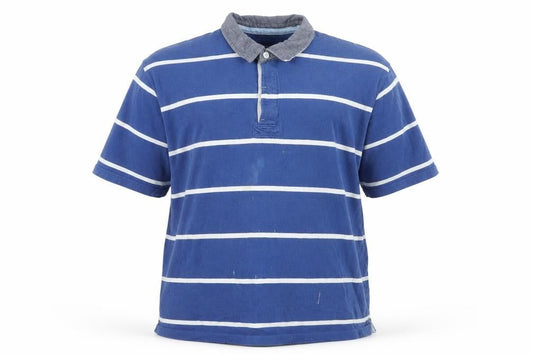 Front view of Maine New England men’s blue striped cotton polo shirt 2xl