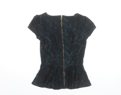 Almari Women’s Blue Floral Jacquard Peplum Blouse Size 8