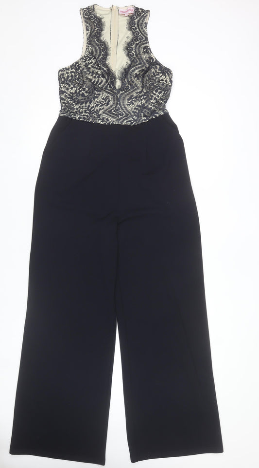 Pink Boutique Women’s Black Ivory Lace V-Neck Sleeveless Wide-Leg Jumpsuit Size 12