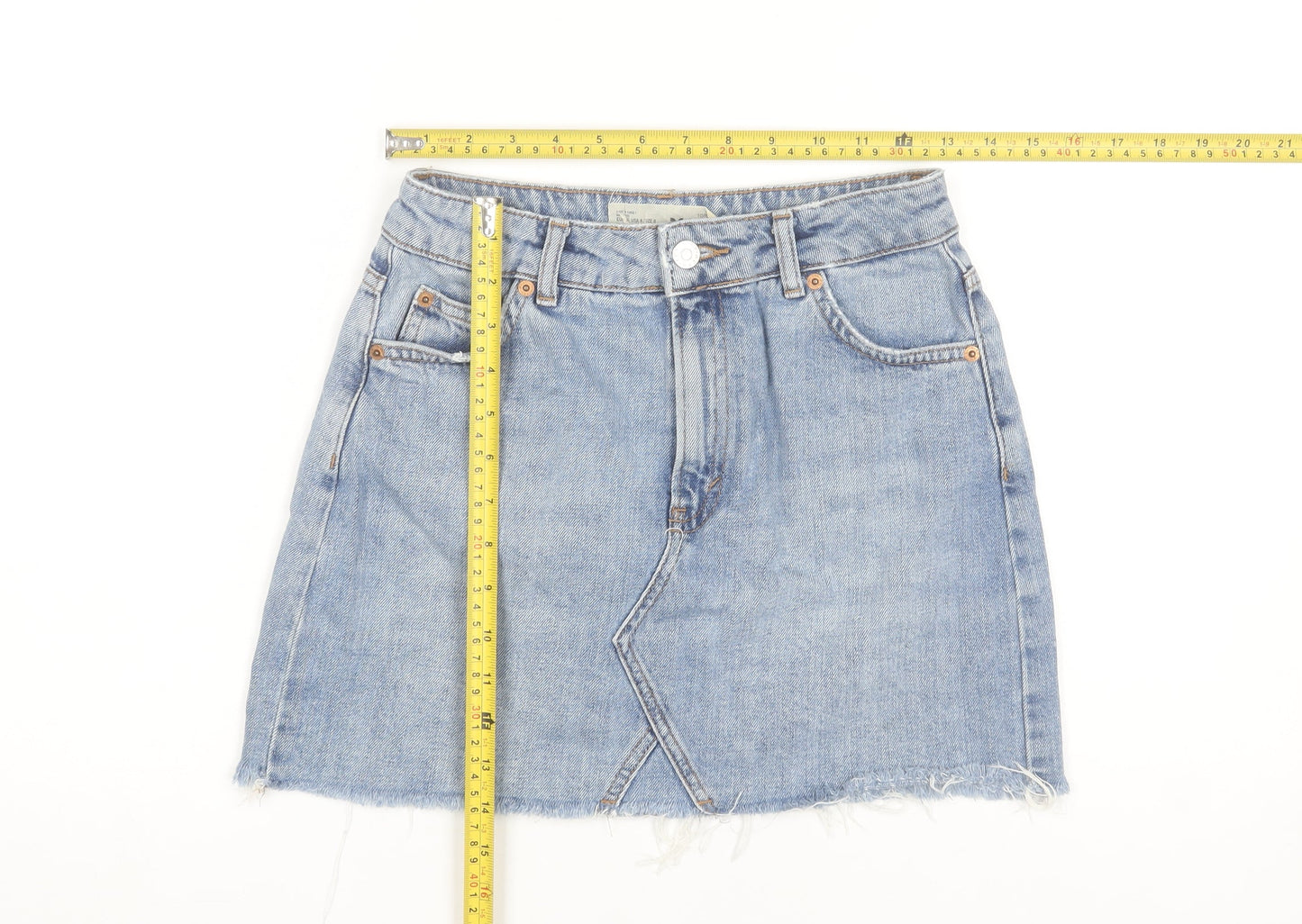 Topshop Women Blue Size 8 Mini Denim Skirt Pockets Fringe