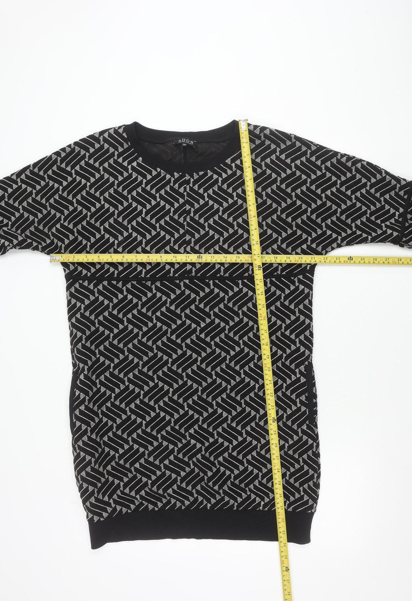 Soon Womens Black Geometric Pullover Jumper Size 14 Crew Neck