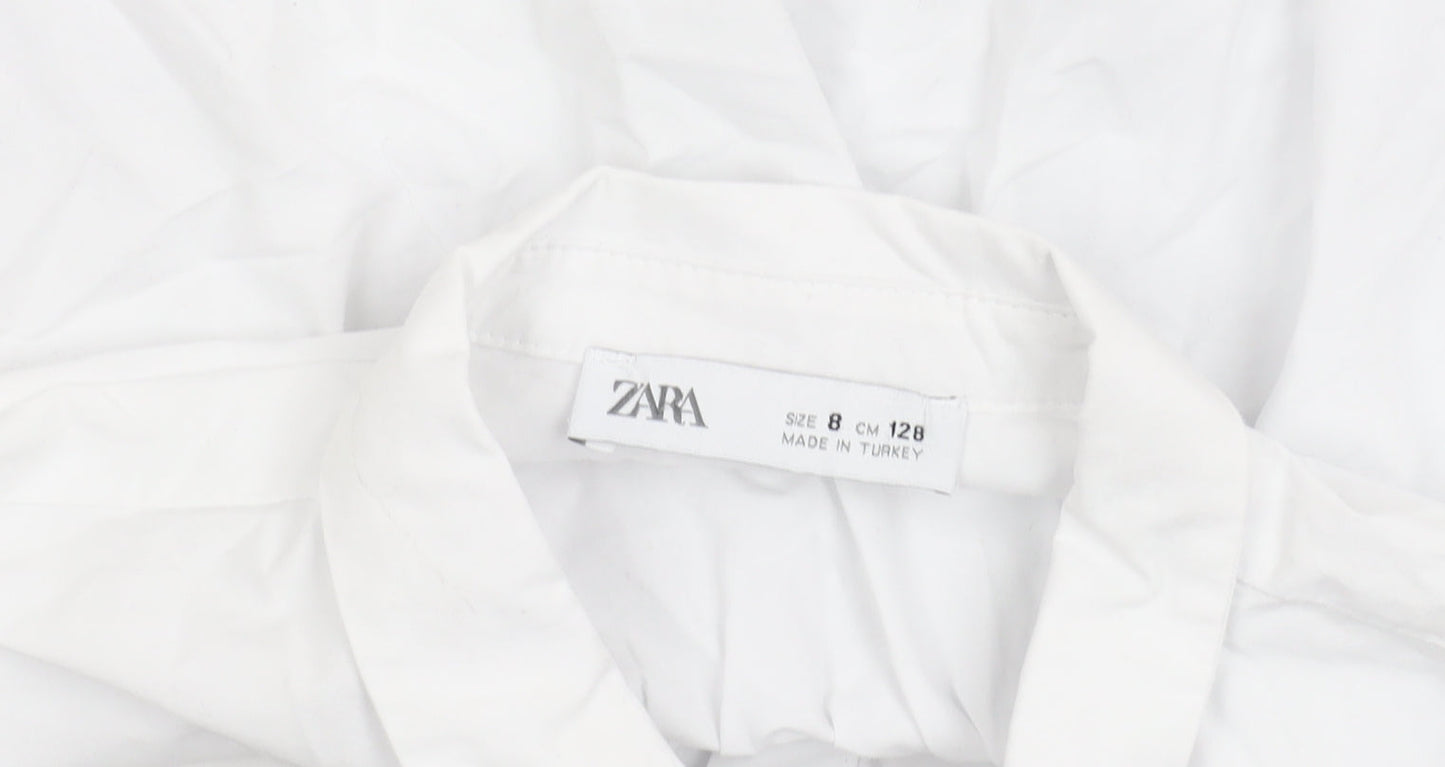 Zara Girls White Cotton Collared Button-Up Shirt 8 Years Long Sleeve
