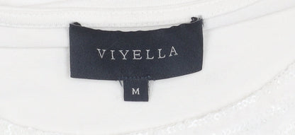 Viyella Womens White Sequin Neck 3/4 Sleeve T-Shirt Size M