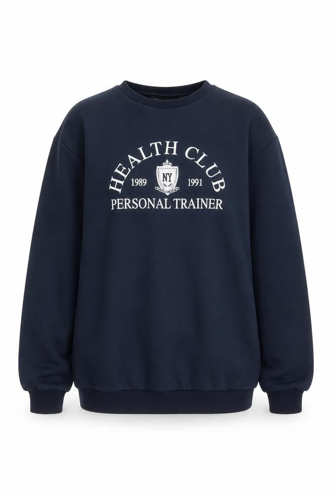 Front view of ASOS DESIGN women’s blue pullover sweatshirt, size UK 12, uk graphic logo