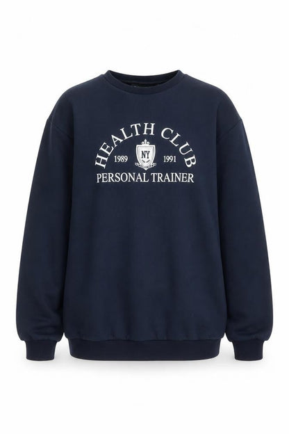 Front view of ASOS DESIGN women’s blue pullover sweatshirt, size UK 12, uk graphic logo