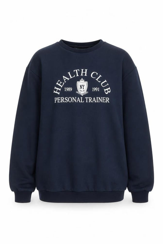 Front view of ASOS DESIGN women’s blue pullover sweatshirt, size UK 12, uk graphic logo