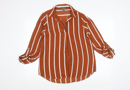 Primark Women Brown Striped Button-Up Shirt Size 10 Long Sleeve