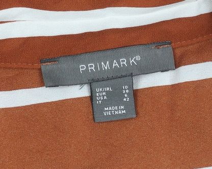 Primark Women Brown Striped Button-Up Shirt Size 10 Long Sleeve