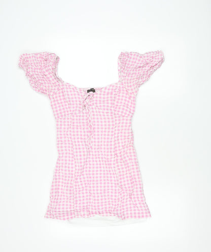 Mystic Threads Women Pink Check Skater Dress Size S Puff Sleeve