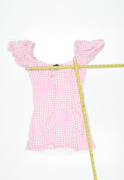 Mystic Threads Women Pink Check Skater Dress Size S Puff Sleeve