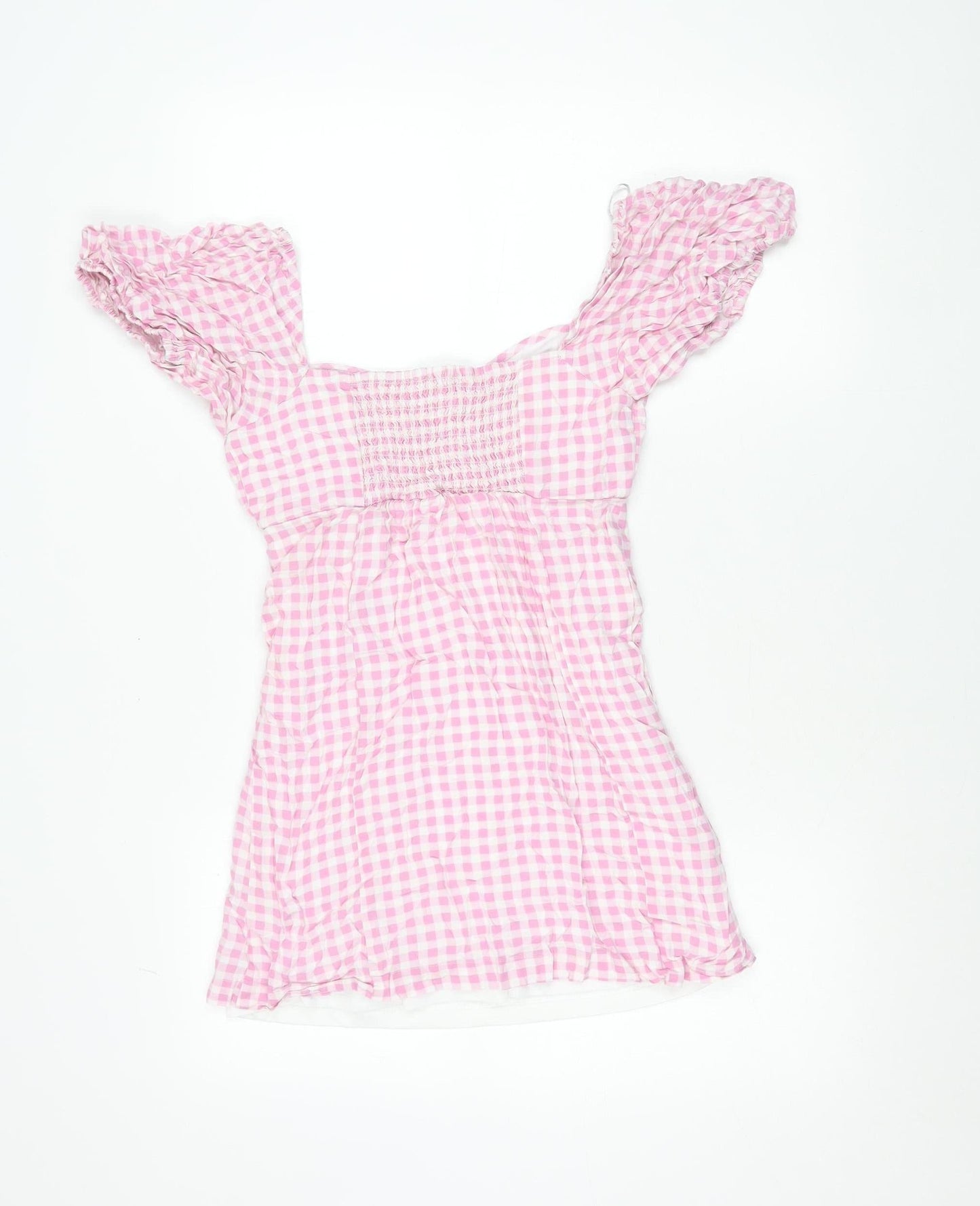 Mystic Threads Women Pink Check Skater Dress Size S Puff Sleeve