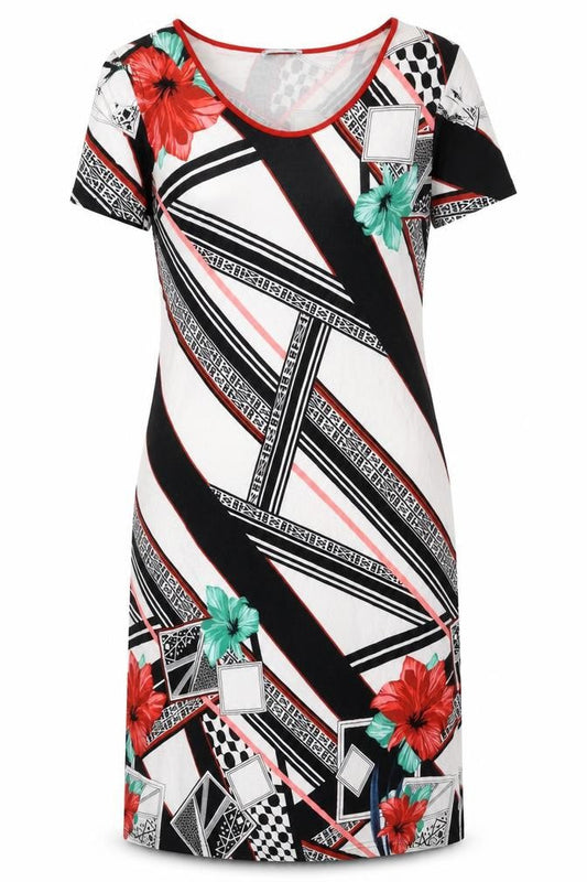 Dina Women’s Black White Red Green Floral Geometric Shift Dress Size 4
