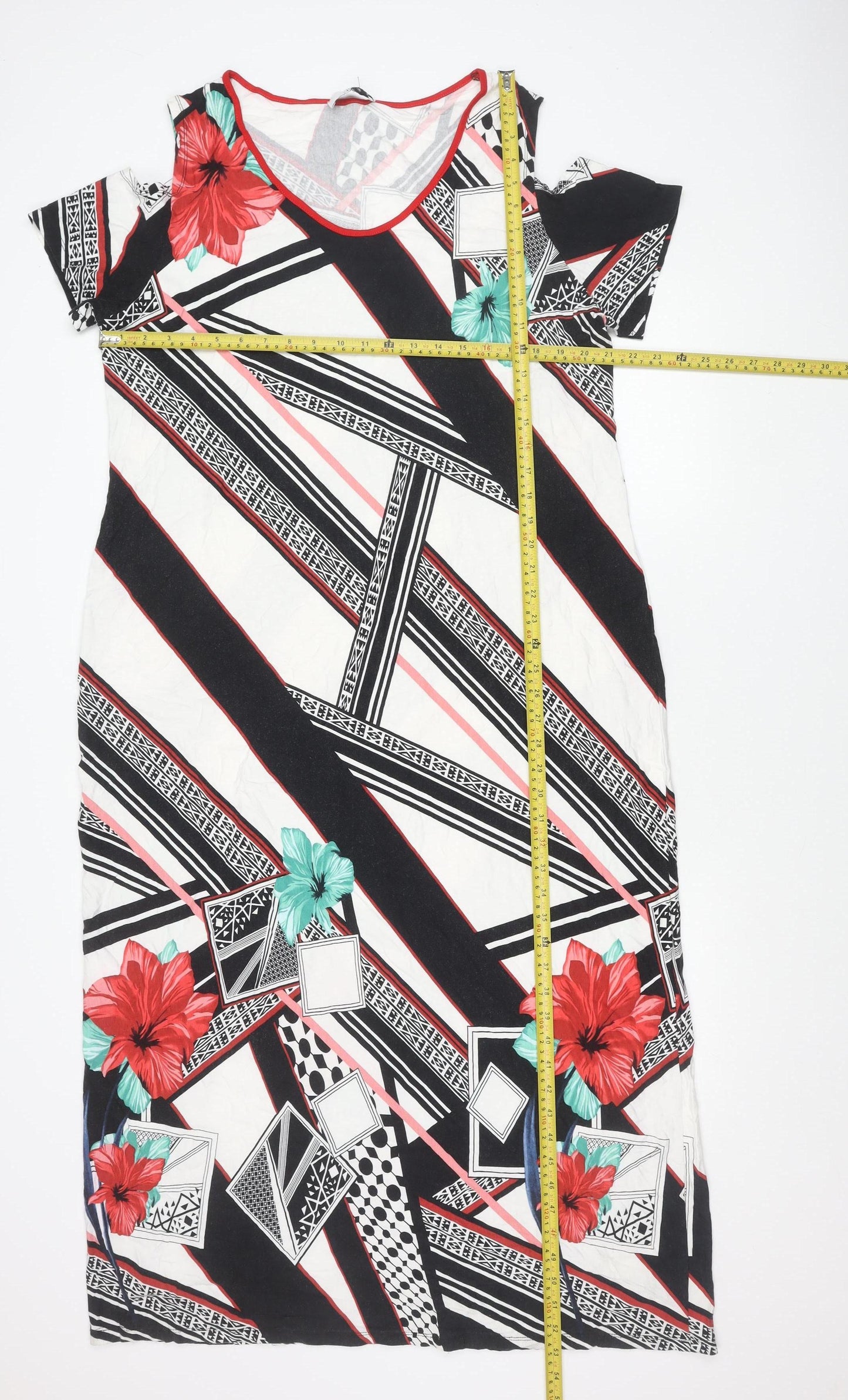 Dina Women’s Black White Red Green Floral Geometric Shift Dress Size 4