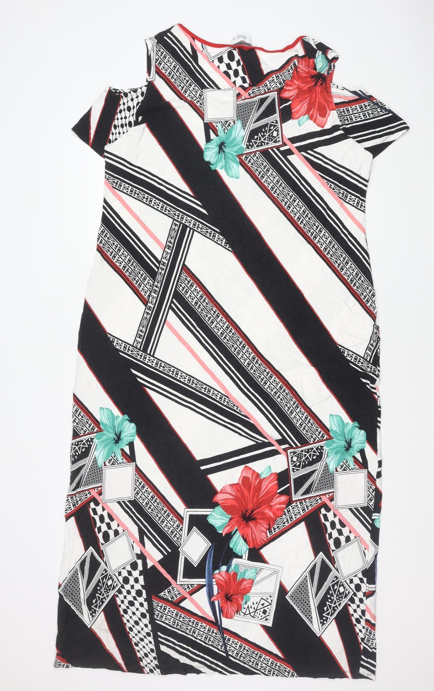 Dina Women’s Black White Red Green Floral Geometric Shift Dress Size 4