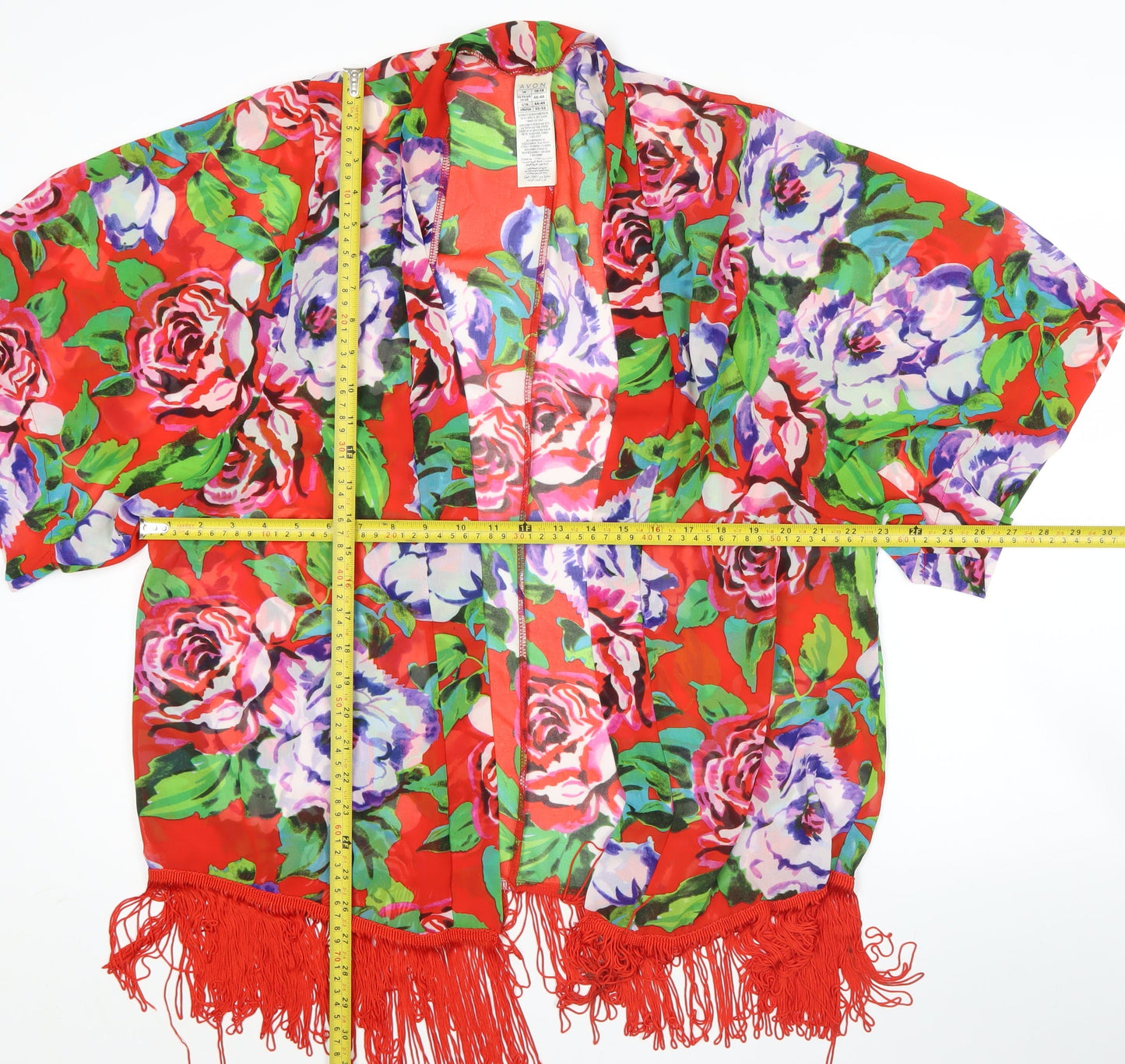 Avon Womens Multicoloured Floral Kimono Robe Size 16-18 Satin Fringe