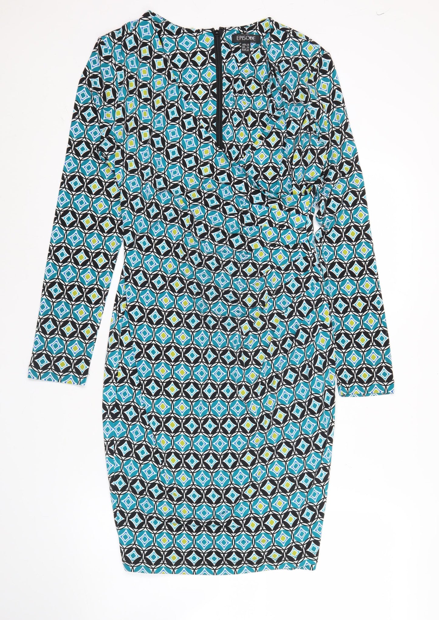 Episode Women’s Blue Geometric Bodycon Dress UK 14 Knee Length