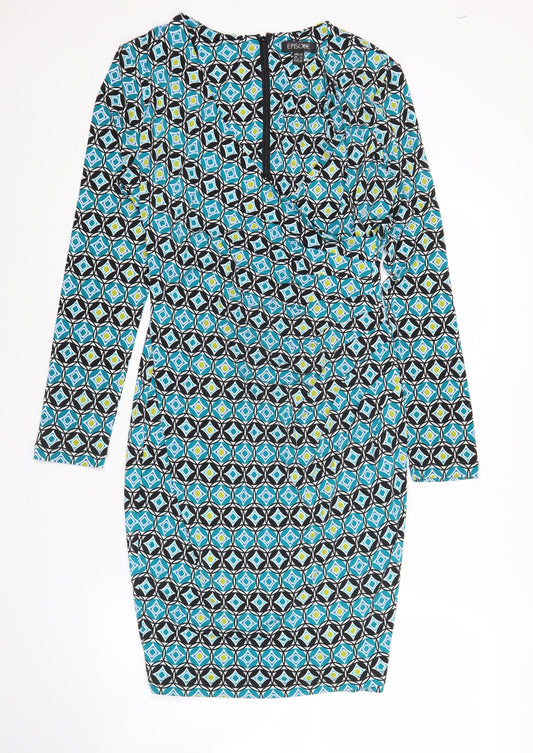 Episode Women’s Blue Geometric Bodycon Dress UK 14 Knee Length